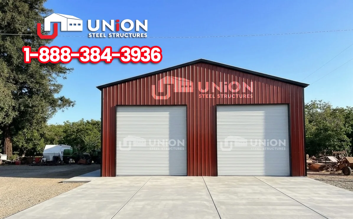 Red metal garage with two white roll-up doors and a concrete driveway.